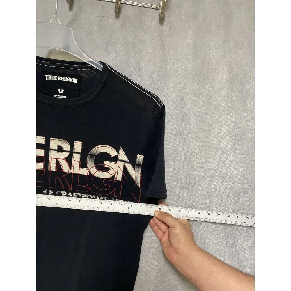 NWOT Vintage True Religion Men T-Shirt Size L Black Spell Out Retro Logo Tee Y2K